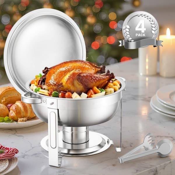 5 Qt Rundt Chafing Fad, 4-pak Buffet Sæt, Fuld størrelse Pan, Rustfrit stål