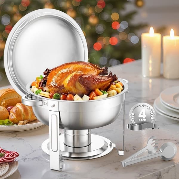 5 Qt Rundt Chafing Fad, 4-pak Buffet Sæt, Fuld størrelse Pan, Rustfrit stål