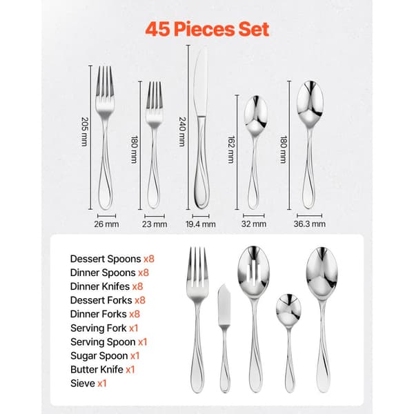 45-delars silverbestickset, rostfritt stål, service för 8 personer, lyxigt och hållbart design