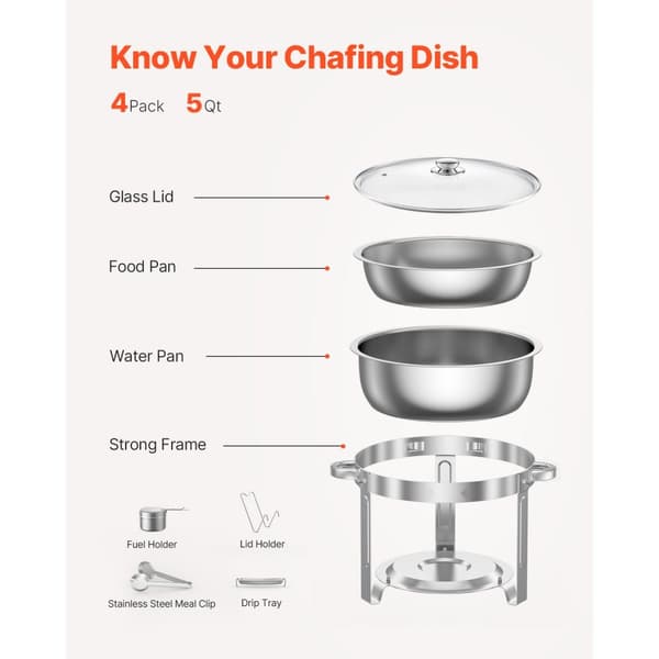 5 Qt Rundt Chafing Fad 4 Pak, Buffet Sæt Fuldstørrelse, Rustfrit Stål Pan