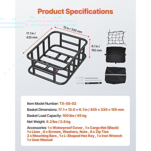 Bakre Cykelkorg, Medium Cykelkorg, med Cargo Net & Regntätt Överdrag, Liner-funktion