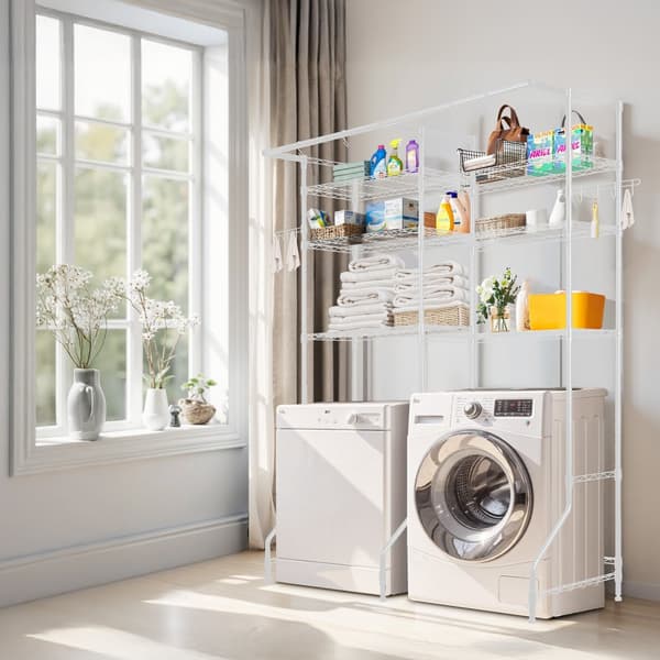 Pesukoneen ja Kuivausrummun Säilytyshylly, Kahden Rivin 6 Tasoa, Valkoinen, Tilaa Säästävä, Kestävä Design