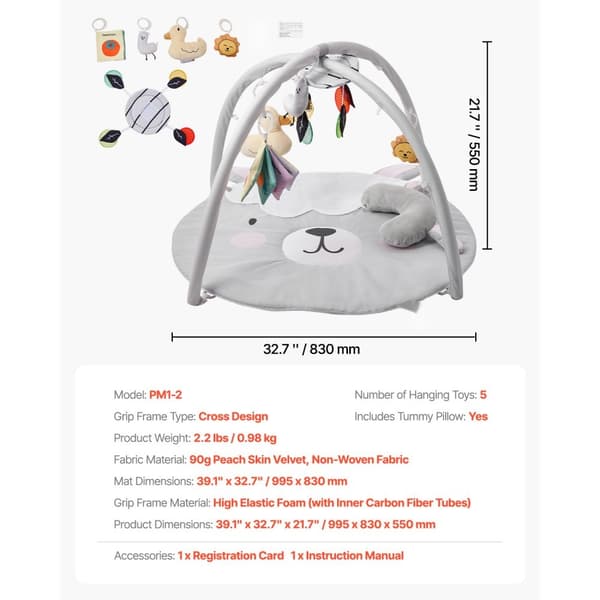 Baby Play Gym Matta, Tummy Time Aktivitetsmatta, 5 Sensoriska Leksaker, 99cm x 83cm