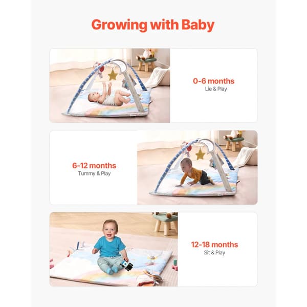 Baby Lege Gym Måtte, Mavetid Aktivitetsmåtte, 6 Sanselegetøj, 35,0 x 35,0