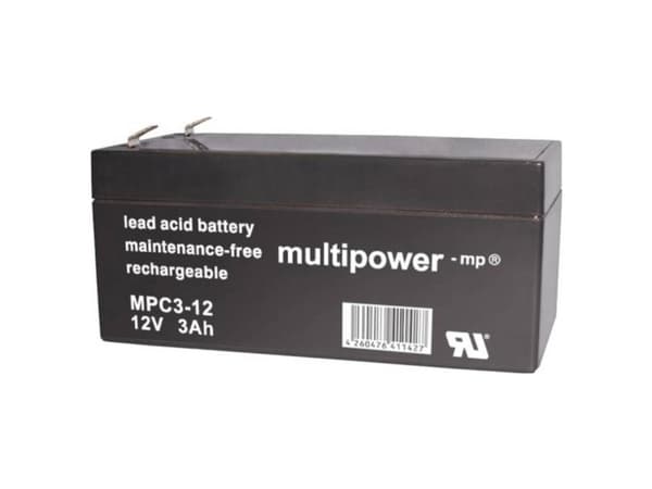 multipower MPC3-12 Blybatteri 12 V 3 Ah Blyfleece (B x H x T) 67 x 66 x 134 mm Fladstik 6,35 mm Cyklusstabilt, Vedligeholdelsesfri, Lav selvafladning
