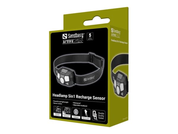Sandberg Headlamp 5in1 Recharge Sensor, Headband flashlight, Black, Buttons, Motion sensor, LED, 75 lm, 200 lm