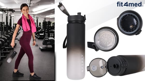 Sportvattenflaska 1l med mätkopp för fitnessgym läckagesäker