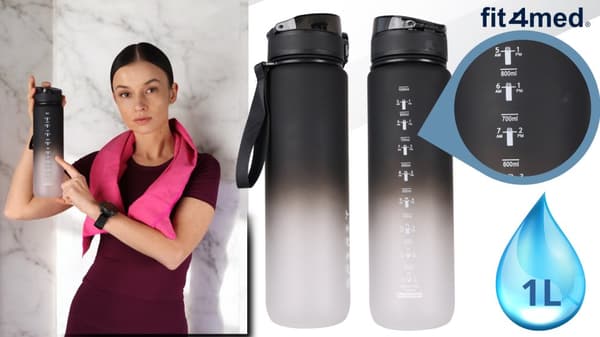 Sportvattenflaska 1l med mätkopp för fitnessgym läckagesäker