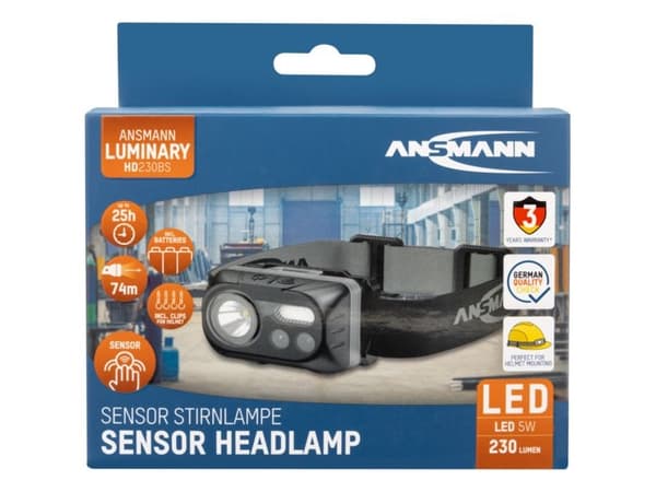 Ansmann HD230BS, Hodebåndslommelykt, Sort, Akrylonitril-butadien-styren (ABS), Knapper, IP54, COB LED