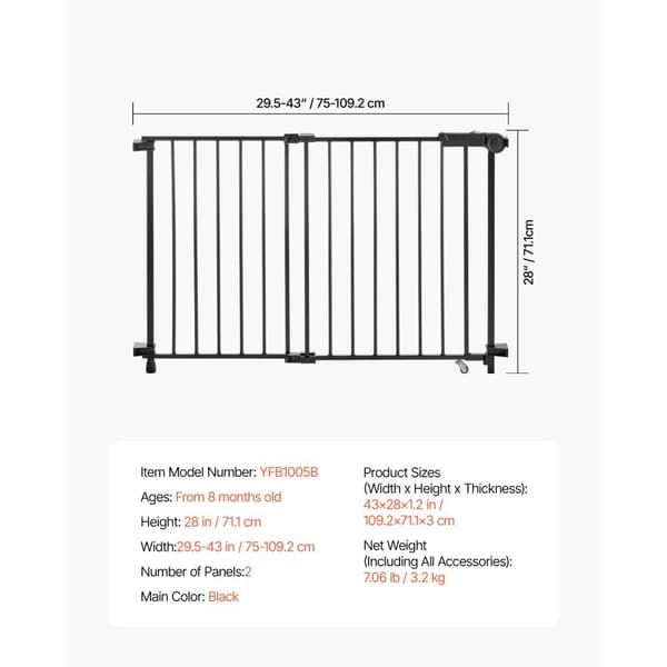 Babygrind, justerbar bredd 69-102 cm, 68 cm hög, svart, perfekt som hundgrind