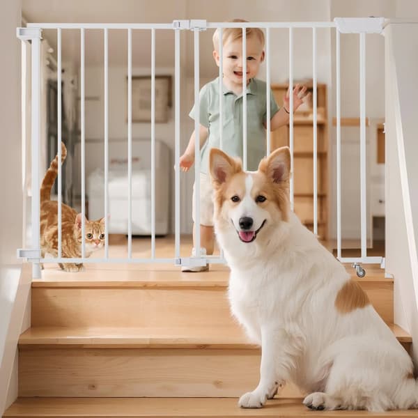 Babygitter, Justerbar Bredde 69-102 cm, Højde 68 cm, Hundegitter, Hvid Farve