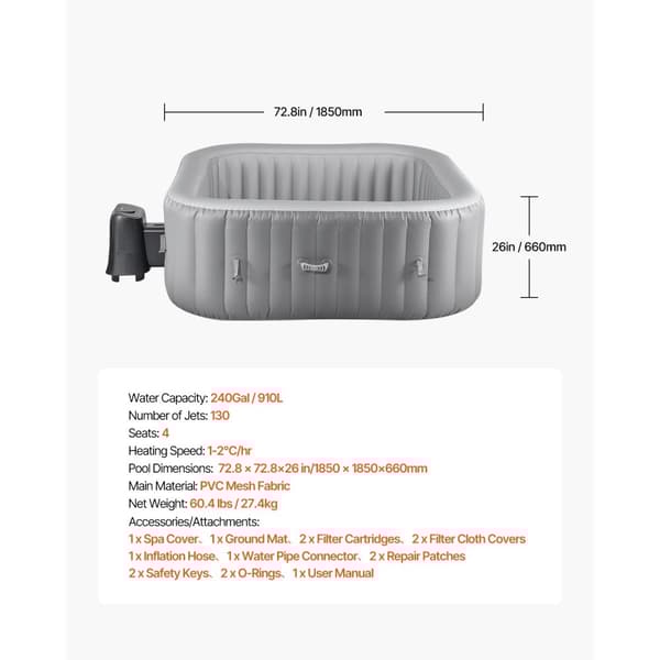 Oppusteligt Spa, 4-6 Personer, 1850 x 660 mm, Firkantet Bærbar, Udendørs Brug, Robust Og Komfortabel