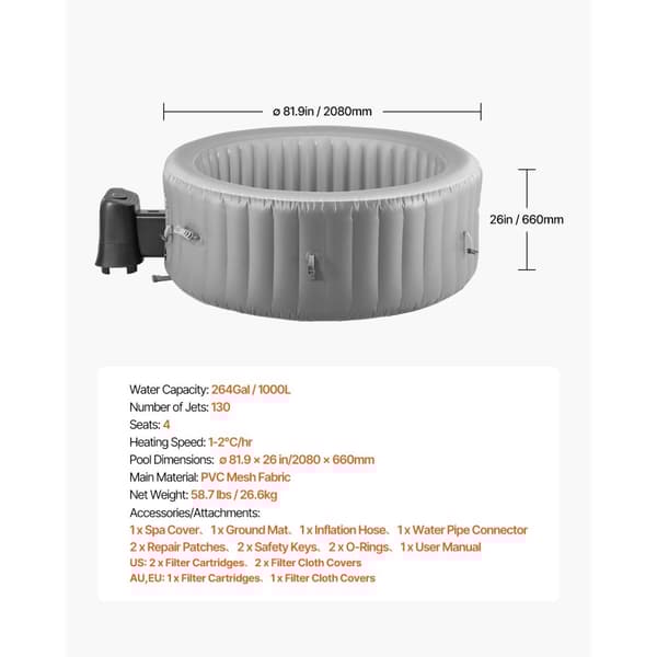 Uppblåsbar Bubbelpool, 2080 x 660mm Rund, 4 till 6 Personer, Portabel Utomhusspa med Snabb Uppvärmning