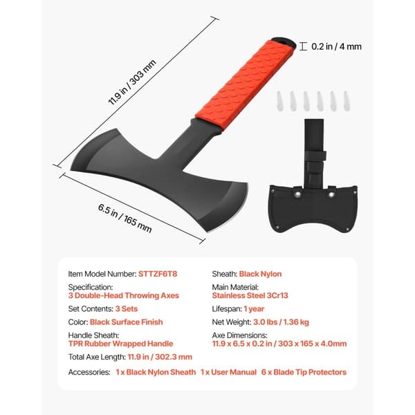 Kasteøkser og Tomahawks, 3-pak 302,3 mm, Dobbeltbidet Kasteøkse, Høj Kvalitet, Robust Design