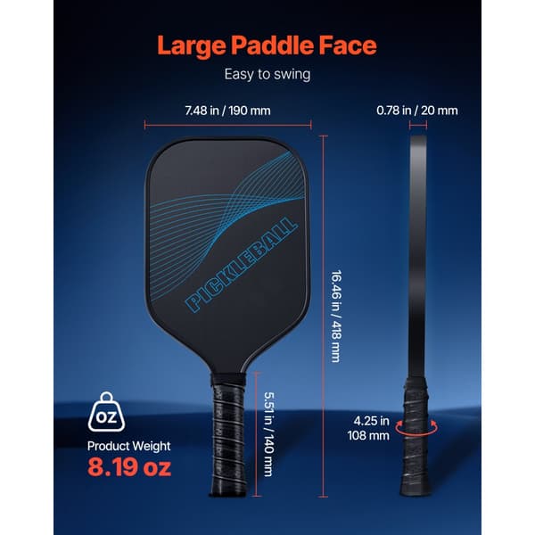 Pro Pickleball Paddle i Kolfiber, Honeycomb Core Racket, För Vuxna, Blå Färg