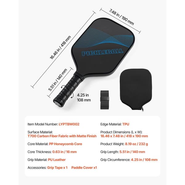 Pro Pickleball Paddle i Kolfiber, Honeycomb Core Racket, För Vuxna, Blå Färg