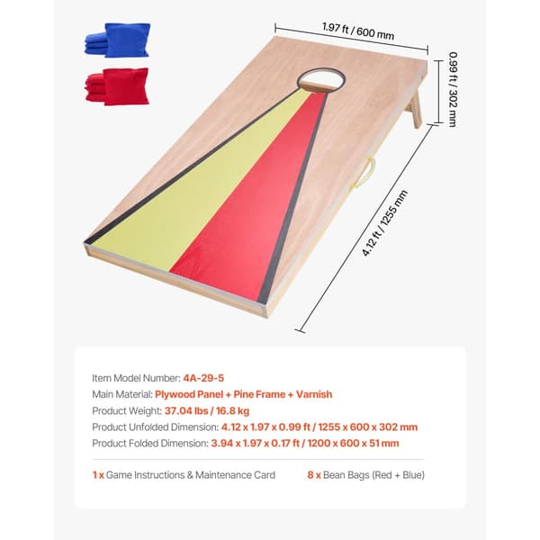 Cornhole-sæt 4x2ft, Bærbart træspilbræt, Inkluderer 8 sækkestole