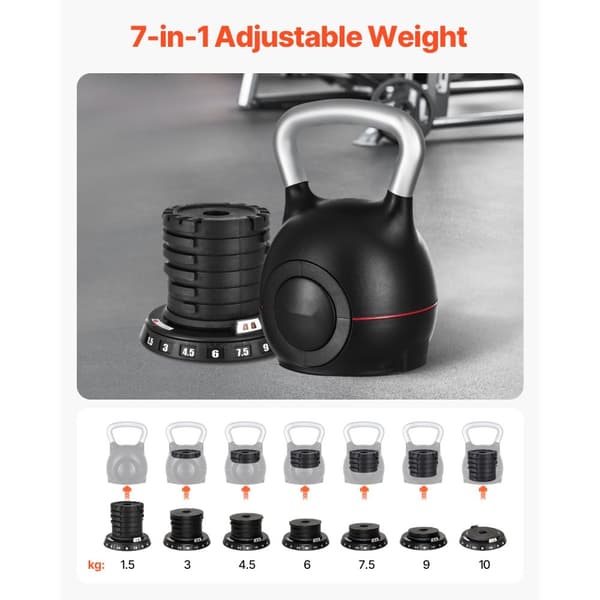 Justerbar Kettlebell, 7 vægtniveauer 1,5-10 kg, nemt at skifte vægt, træningsudstyr til hjemmet
