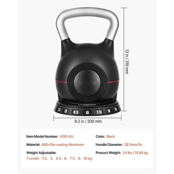 Justerbar Kettlebell, 7 vægtniveauer 1,5-10 kg, nemt at skifte vægt, træningsudstyr til hjemmet