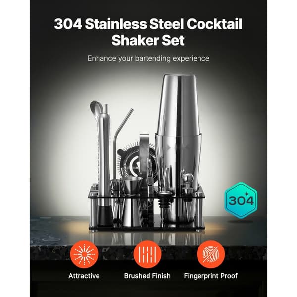 Cocktail Shaker Sæt, Bartender Kit 14 Dele, Rustfrit Stål Barværktøj, Farve Sølv