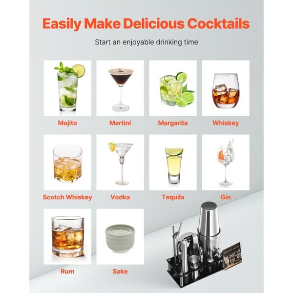 Cocktail-sekoitinsetti 14-osaa, Baarimikkosetti, Ruostumatonta terästä, Baarityökalut, Hopea