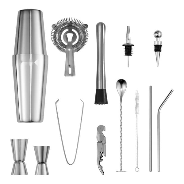 Cocktail Shaker Sæt, Bartender Kit 14 Dele, Rustfrit Stål Barværktøj, Farve Sølv