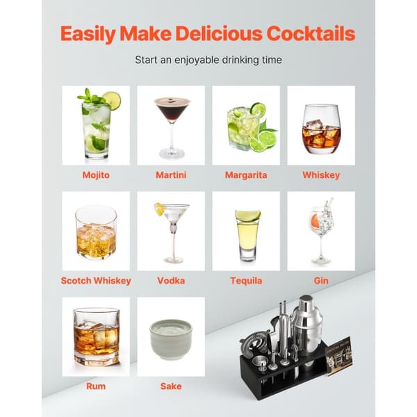 Cocktail-sekoitinsetti 13 osaa, Baarityökalut, Ruostumatonta Terästä, Baarimikkosetti, Hopea