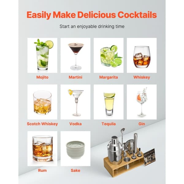 Cocktail Shaker Sæt, 10 Dele Bartender Kit, Rustfrit Stål, Sølvfarvet Barværktøj