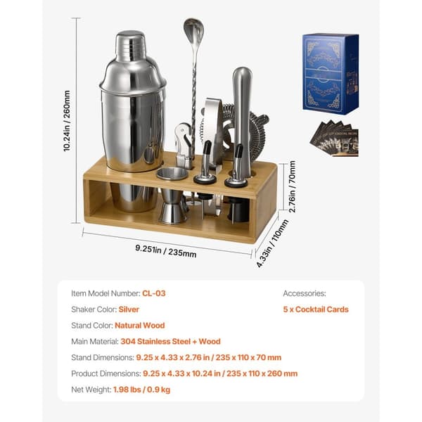 Cocktail Shaker Sæt, 10 Dele Bartender Kit, Rustfrit Stål, Sølvfarvet Barværktøj