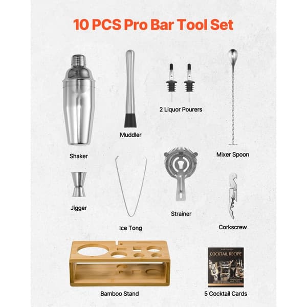 Cocktail Shaker Sæt, 10 Dele Bartender Kit, Rustfrit Stål, Sølvfarvet Barværktøj