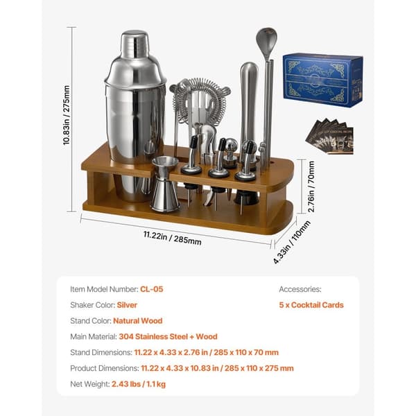 Cocktail Shaker Sæt, 18 Dele Bartender Kit, Rustfrit Stål Barværktøj, Sølvfarvet
