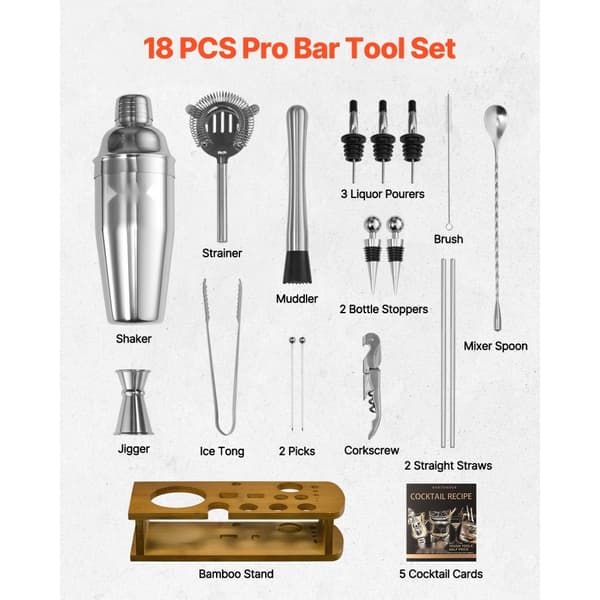 Cocktail Shaker Sæt, 18 Dele Bartender Kit, Rustfrit Stål Barværktøj, Sølvfarvet