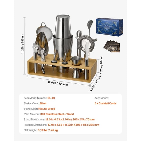 Cocktail Shaker Sæt, 13 Dele Bartender Kit, Rustfrit Stål Barværktøj, Sølv