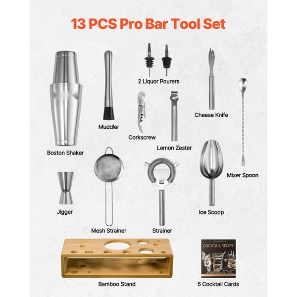 Cocktail Shaker Sæt, 13 Dele Bartender Kit, Rustfrit Stål Barværktøj, Sølv