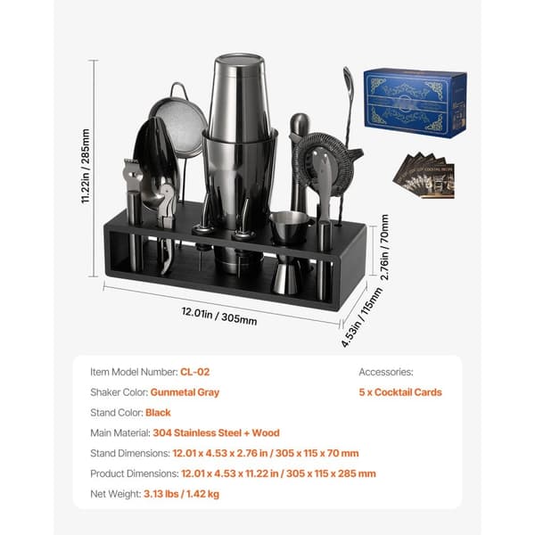 Cocktail Shaker Sæt, 13 Dele Bartender Kit, Rustfrit Stål Barværktøj, Gunmetal Farve