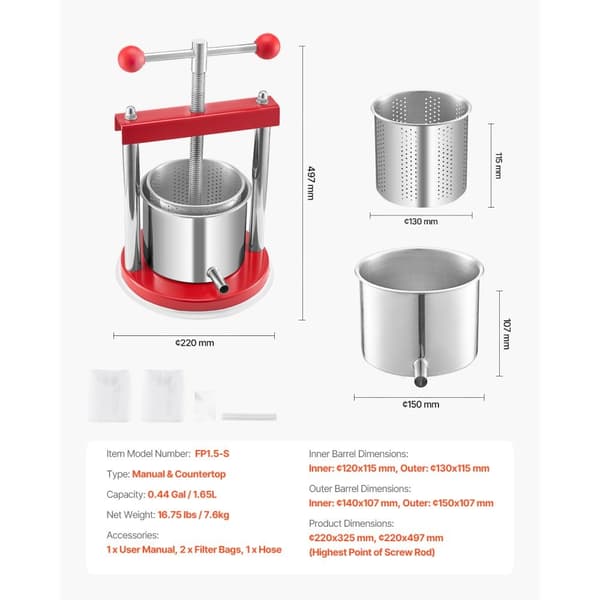Frugtvinpresse, Manuel Presse til Vinfremstilling, 0,44 gal/1,65 l, Rustfrit Stål