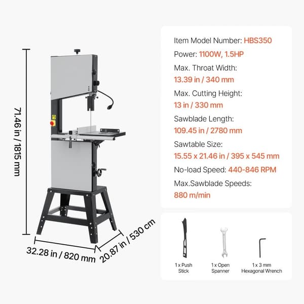 Træbearbejdningsbåndsav 33,99 cm, Bordbåndsav, 440-846 omdr./min, 1100W, 1-1/2 HK