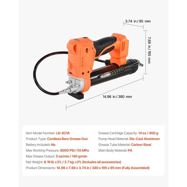 Akku-fedtpresse 20V, 8000 PSI, Batteridrevet fedtsprøjte, Kun værktøj inkluderet