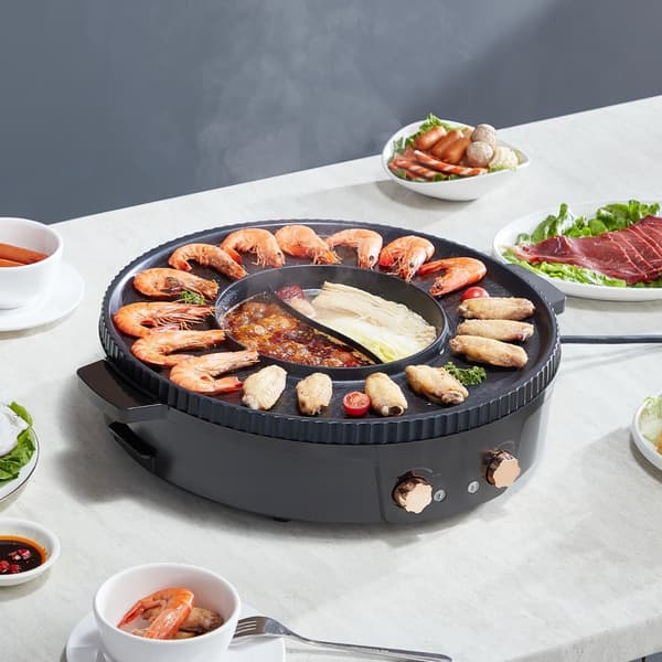 Hot Pot med Grill 1800W, 2-i-1 Elektrisk, Rökfri Grill och Hot Pot, Energisnål, Snabb Uppvärmning