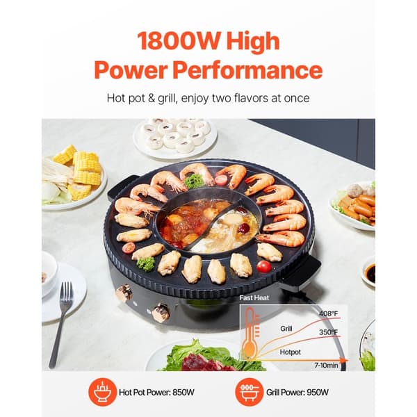 Hot Pot med Grill 1800W, 2-i-1 Elektrisk, Rökfri Grill och Hot Pot, Energisnål, Snabb Uppvärmning