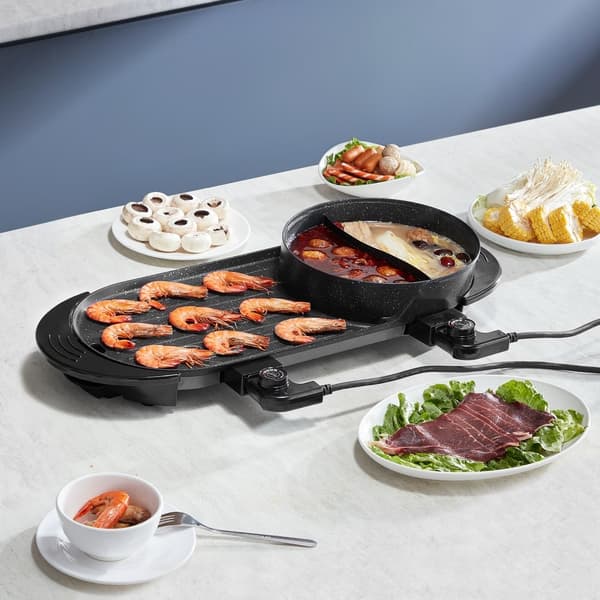 Hot Pot med Grill 2-i-1, 2200W Elektrisk Rökfri Grill, Snabb Uppvärmning, Digital Temperaturkontroll