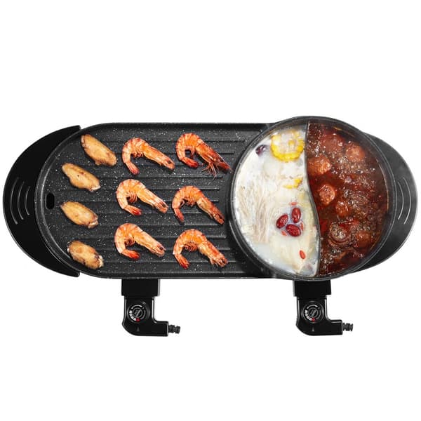 Hot Pot med Grill 2-i-1, 2200W Elektrisk Rökfri Grill, Snabb Uppvärmning, Digital Temperaturkontroll