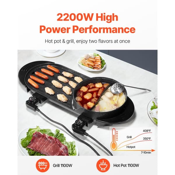 Hot Pot med Grill 2-i-1, 2200W Elektrisk Rökfri Grill, Snabb Uppvärmning, Digital Temperaturkontroll