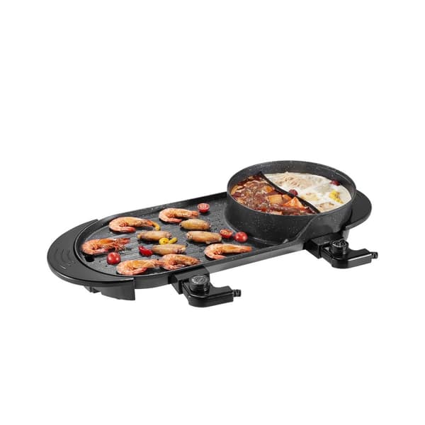 Hot Pot med Grill 2-i-1, 2200W Elektrisk Rökfri Grill, Snabb Uppvärmning, Digital Temperaturkontroll