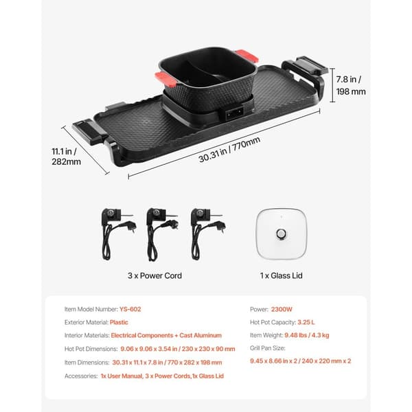 Hot Pot Grilli 2300W, 2-in-1 Sähkögrilli, Savuton, Irrotettava Kattila