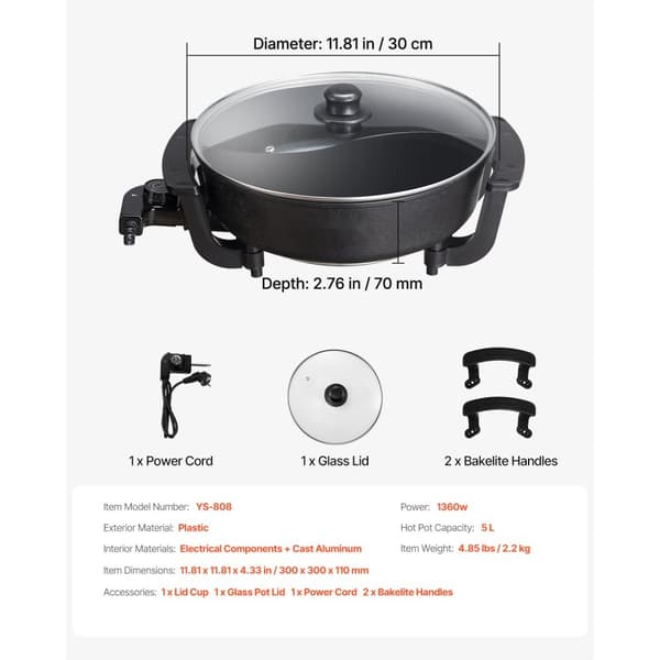 Elektrisk Varmgryde 5 L, Non-stick Shabu-shabu Model, Skillevæg og Glaslåg-Egenskaber