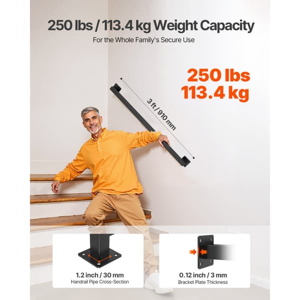 Vægmonteret Trappegelænder, 915mm Sort Jern, 113kg Belastning, Firkantet Rør