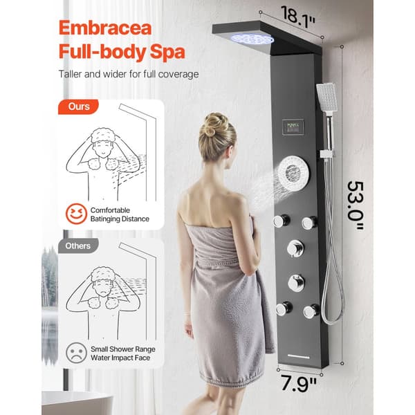 Brusepanel Tower System, Rustfrit stål søjle, Regnvands hovedmassage dyse, kvalitetsmaterialer, holdbart design