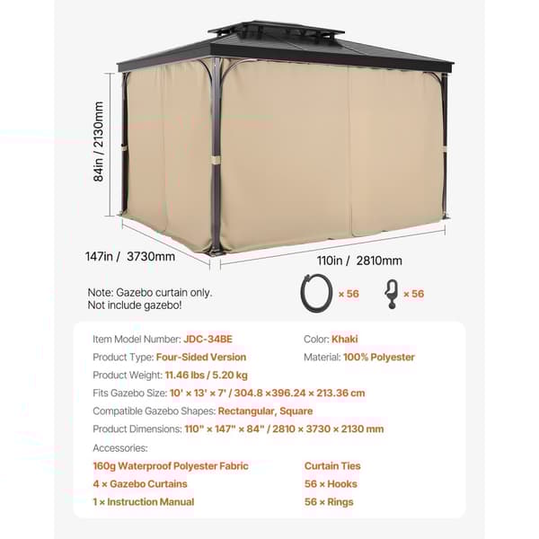 Lysthusgardin 3,3 x 2,7 x 1,9 m, Vandtæt Model, Khaki Farve