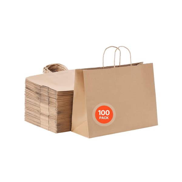 Kraft-paperipussit 100 kpl, 16x6x12 malli, kahvoilla, juhlakäyttöön, ruskea väri